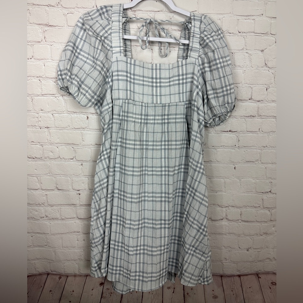 Impressions Tiered Mini Dress plaid, sz M puff sleeve boho schoolgirl babydoll